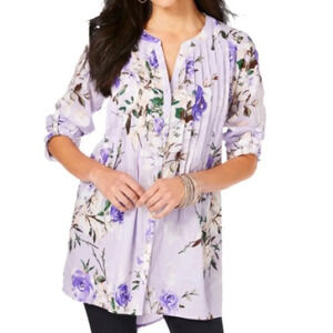 Roamans English Floral Big Shirt Plus 24W Lavender Rose Pintuck 3/4 Roll Tab